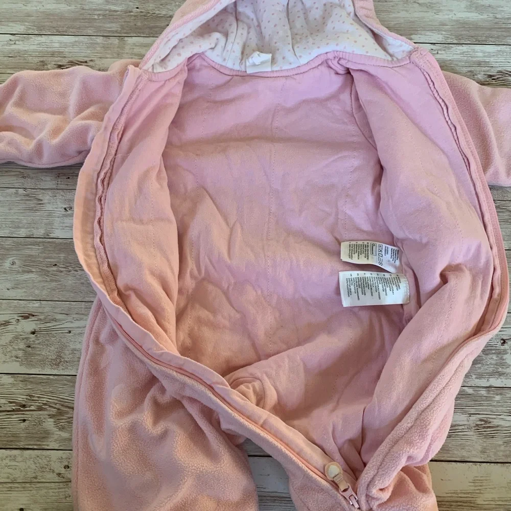 H&M Pink Heart Fleece Hooded Baby Infant Zip Up Onesie Bunting